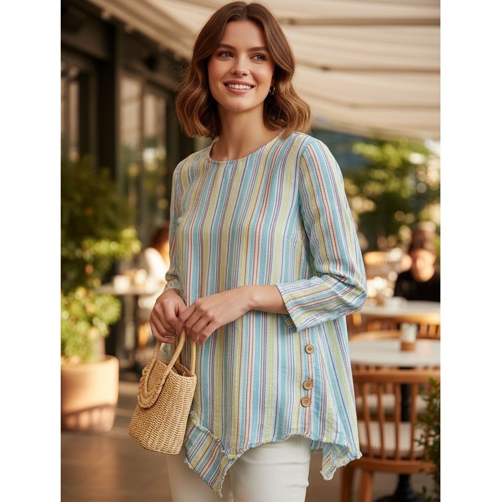 Ali Miles Linen Blend Striped Asymmetrical Hem Tunic Top Sz L #317J